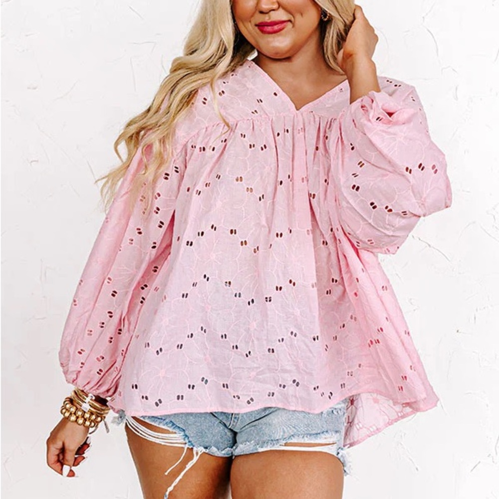 BUCKETLIST Eyelet blouse long sleeve balloon top bubblegum pink embroidered - Picture 7 of 9